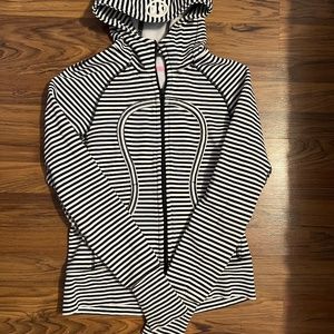Striped Hooded Zip Sweater - Black & White